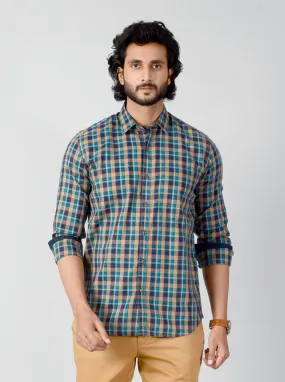 Blue & Mustard Checked Slim Fit Casual Shirt | JadeBlue