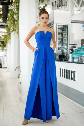 Blue Strapless V-Neck Jumpsuit