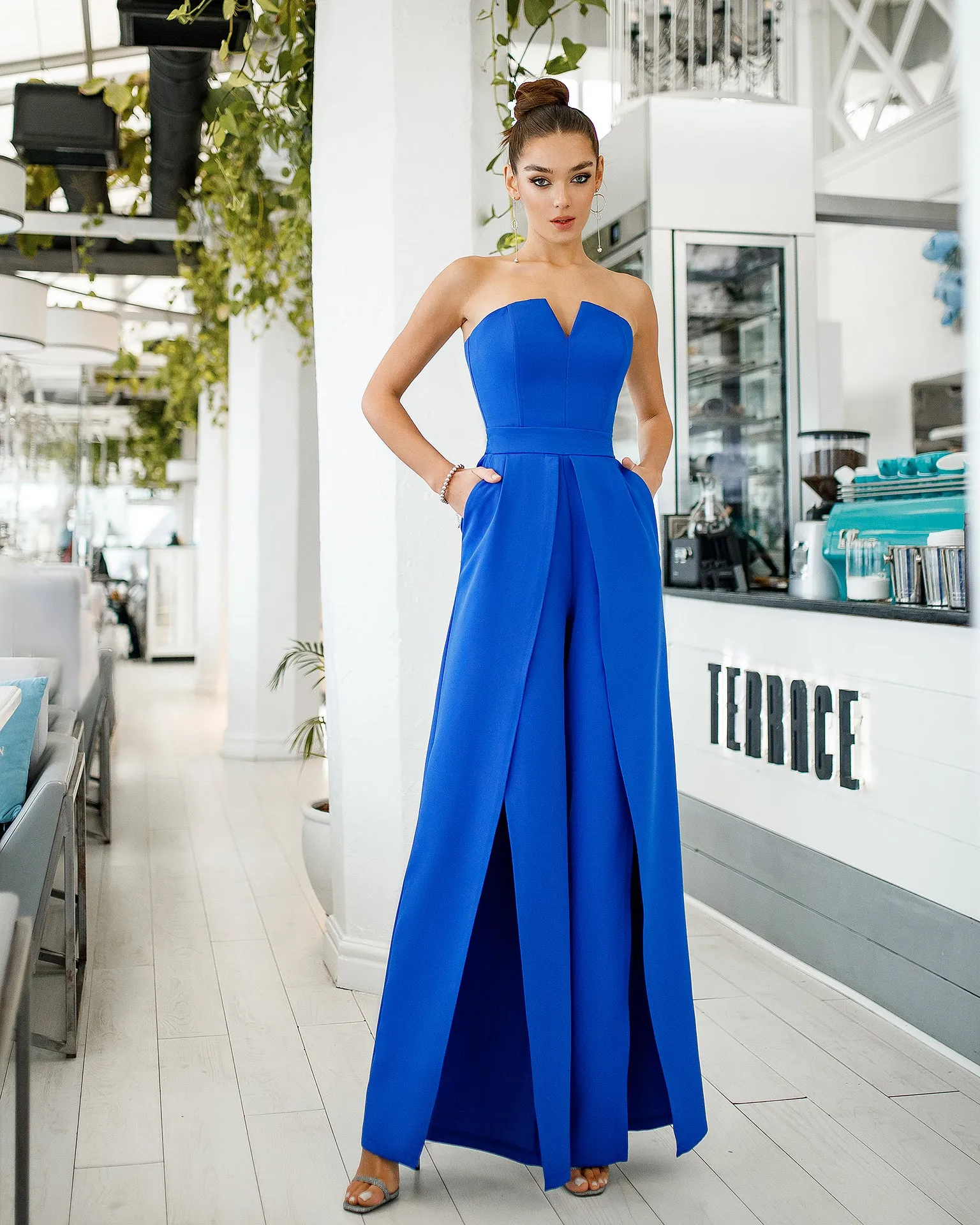 Blue Strapless V-Neck Jumpsuit