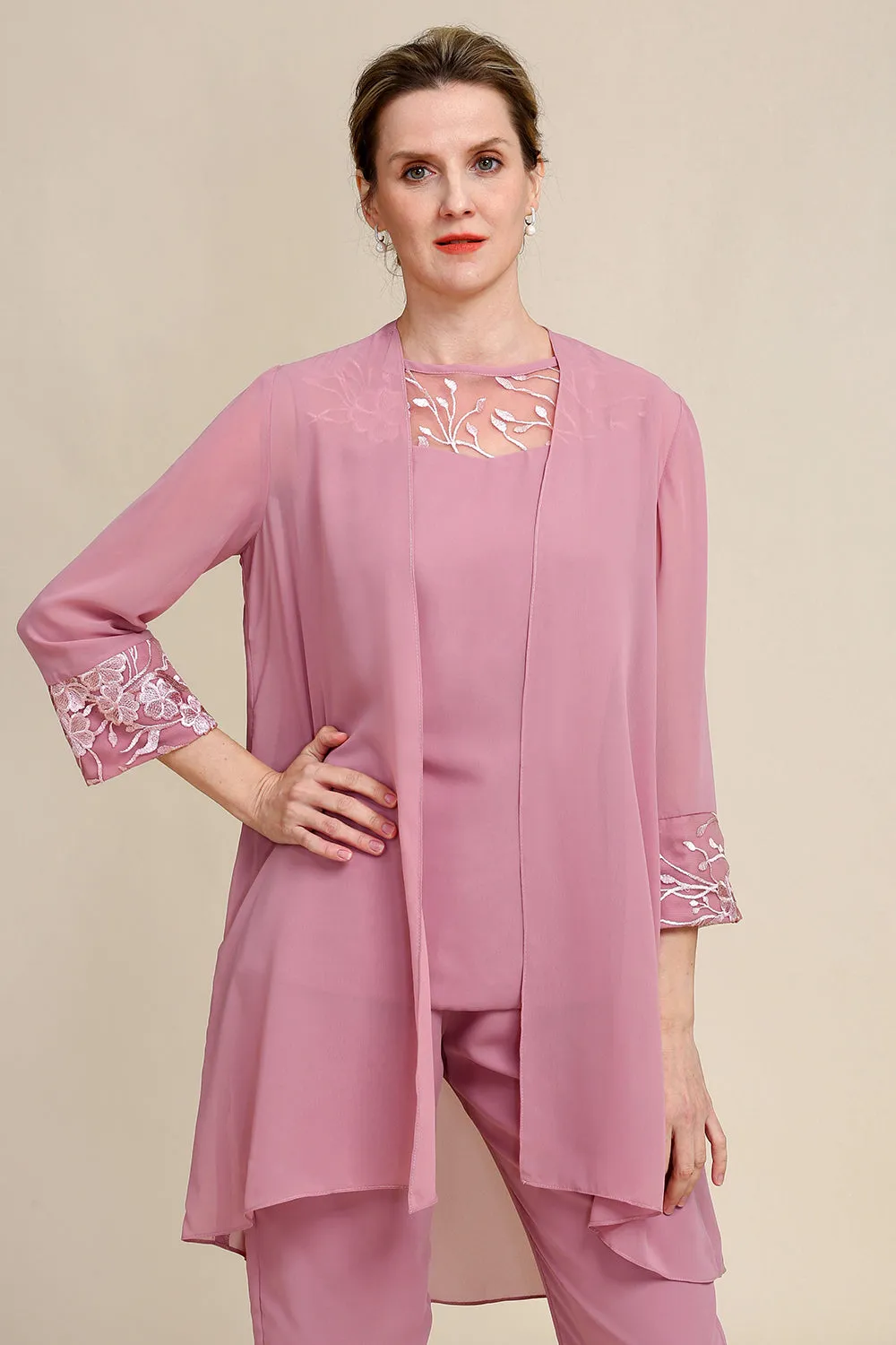 Blush Long Sleeves 3 Piece Mother of the Bride Pant Suits