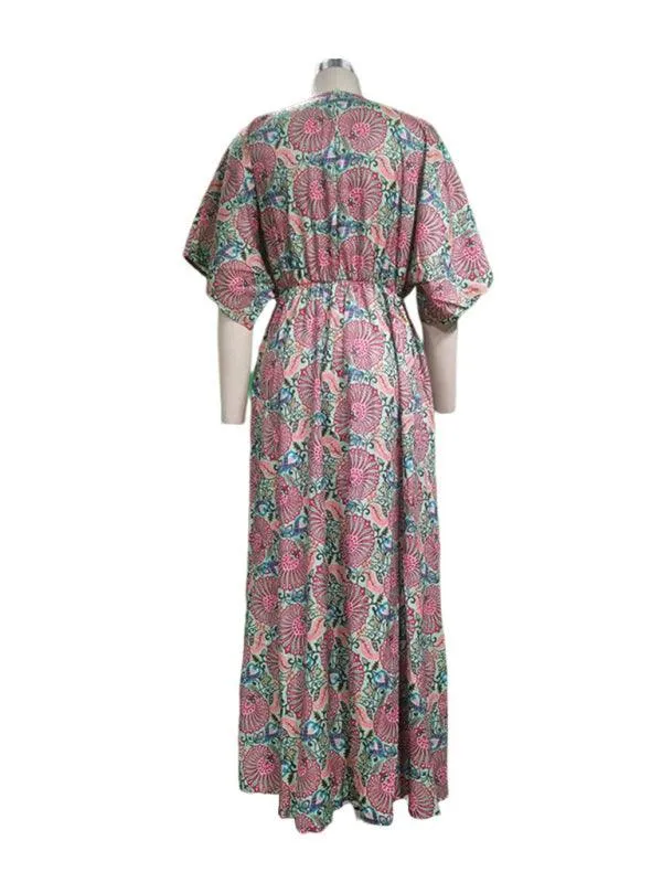 Bohemian Floral Print V-Neck Midi Summer Dress for Women