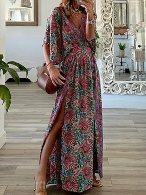 Bohemian Floral Print V-Neck Midi Summer Dress for Women