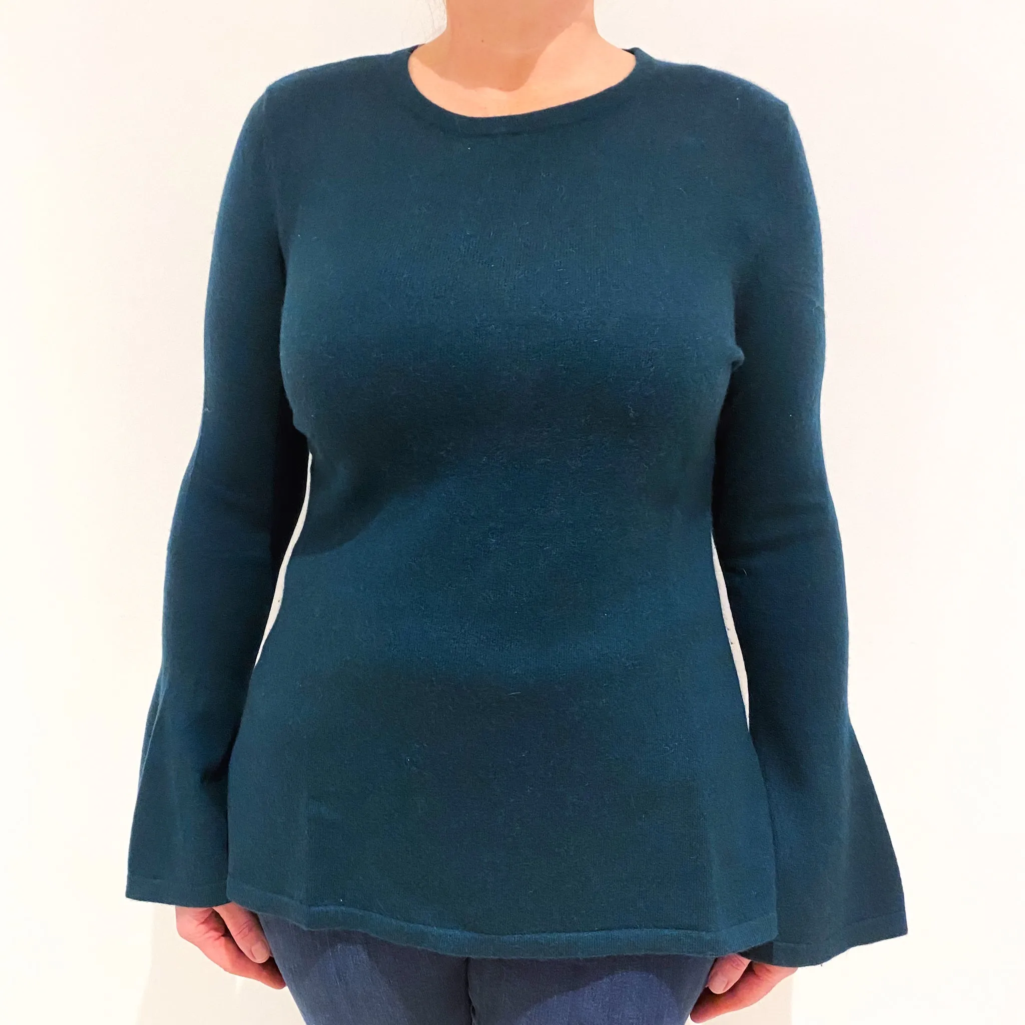 Bottle Green Bell Sleeved Cashmere Longline Crew Neck Jumper Large