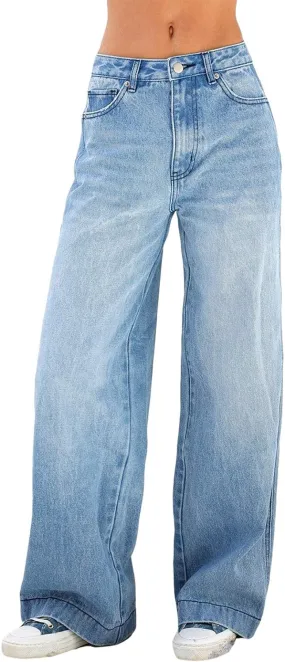 Boyfriend Style Light Blue High Waist Straight Leg Denim Jeans