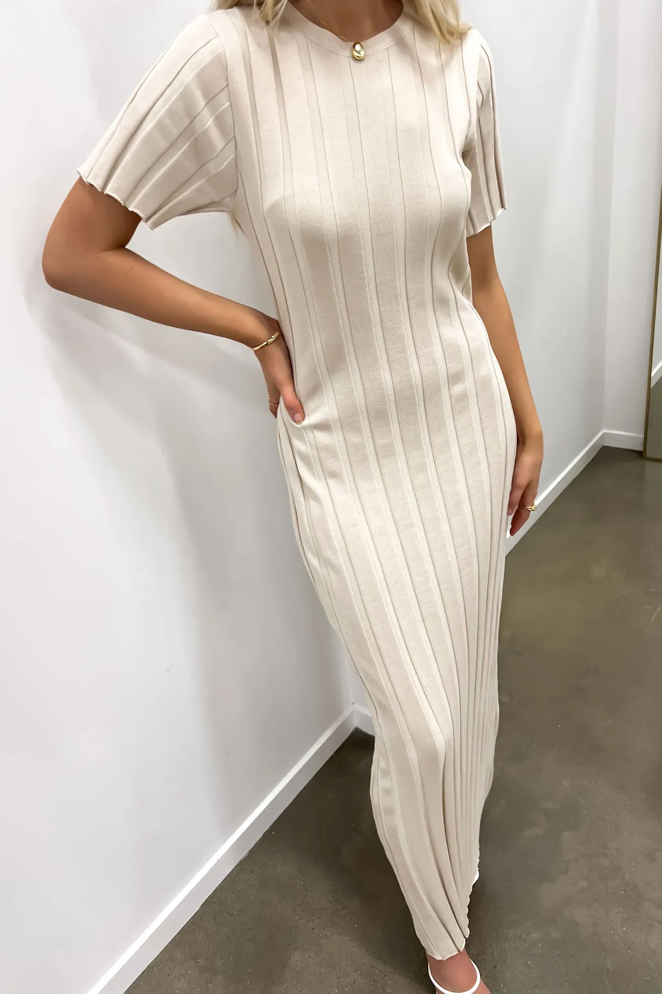 Bridie Ribbed Maxi Dress Sand