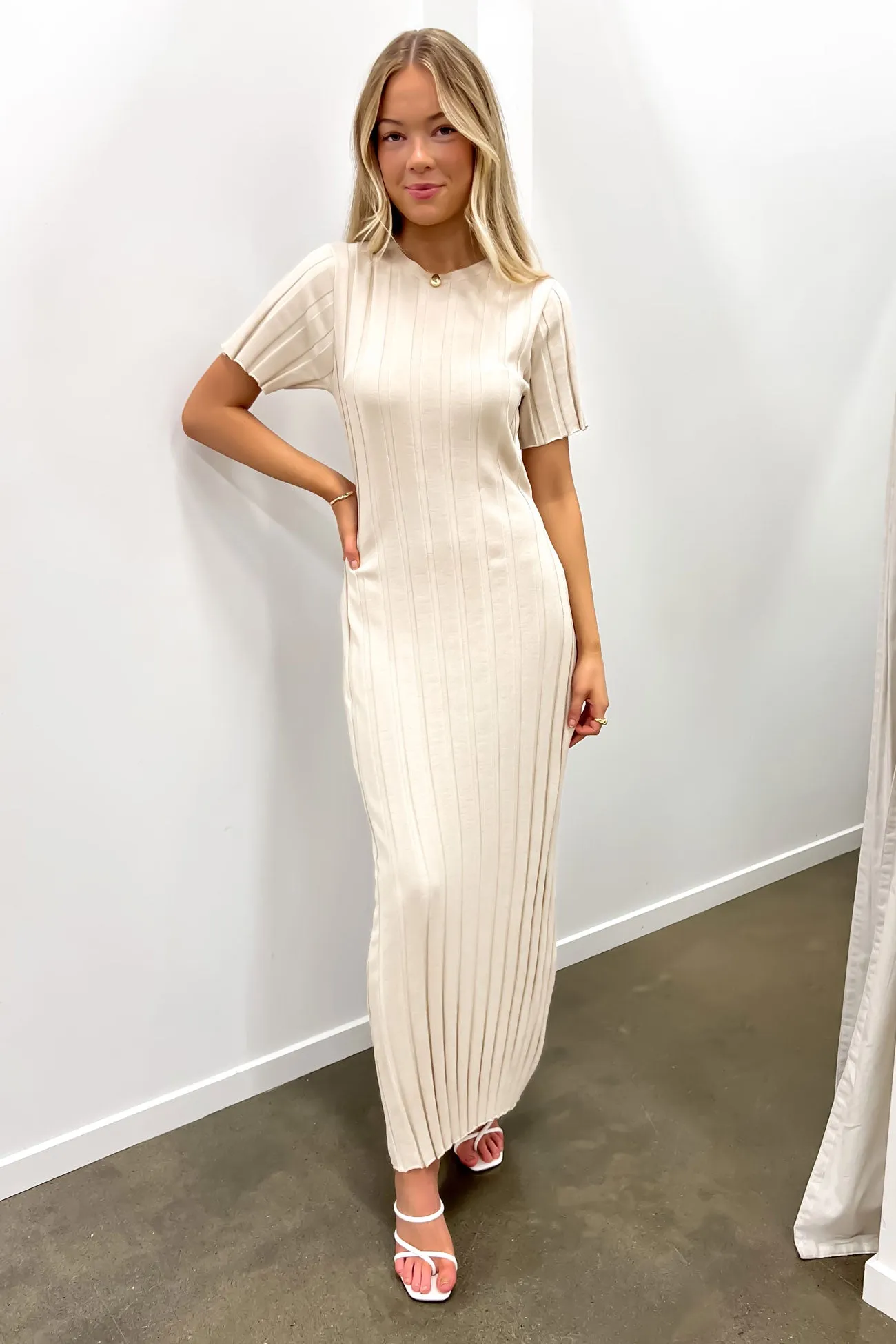 Bridie Ribbed Maxi Dress Sand