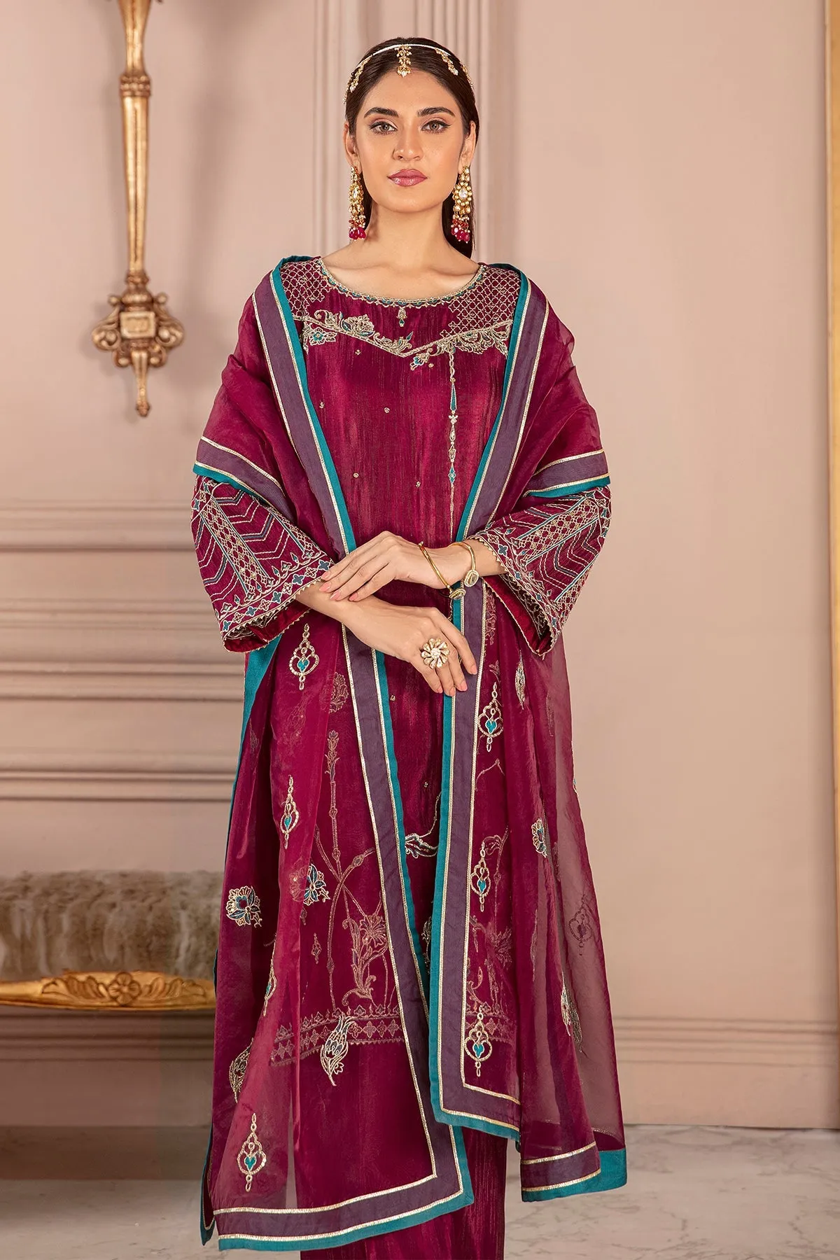 Burgundy Pink Embroidered Pakistani Salwar Kameez with Dupatta