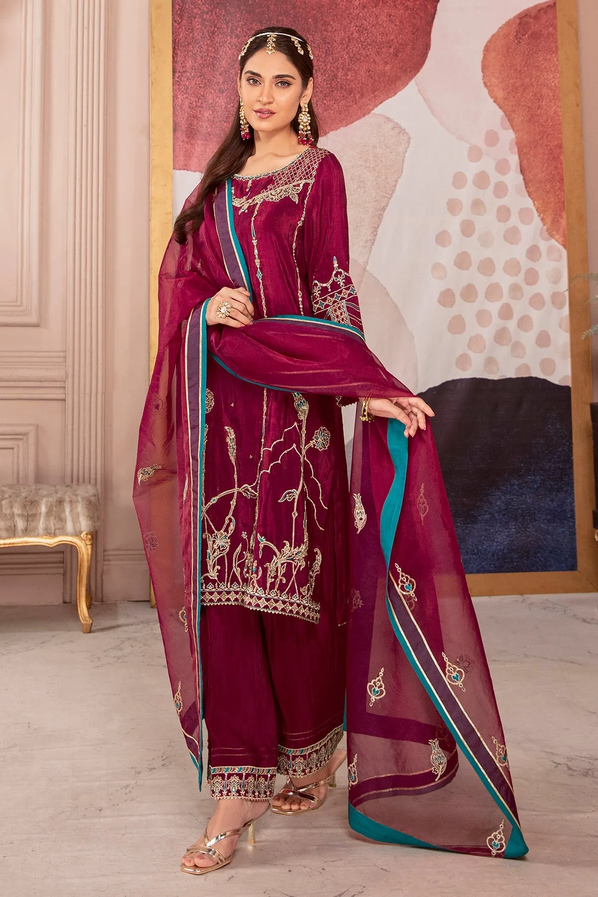 Burgundy Pink Embroidered Pakistani Salwar Kameez with Dupatta