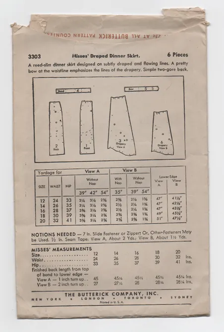 Butterick 3303 Sewing Pattern - 1940s Draped Skirt Vintage Pattern