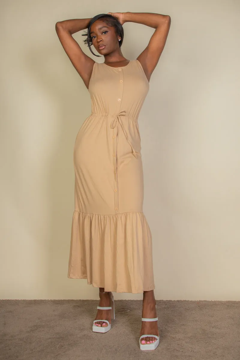 Button Front Tie Waist Sleeveless Maxi Dress