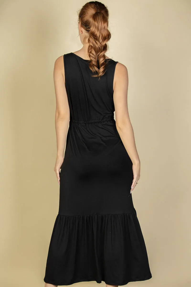 Button Front Tie Waist Sleeveless Maxi Dress