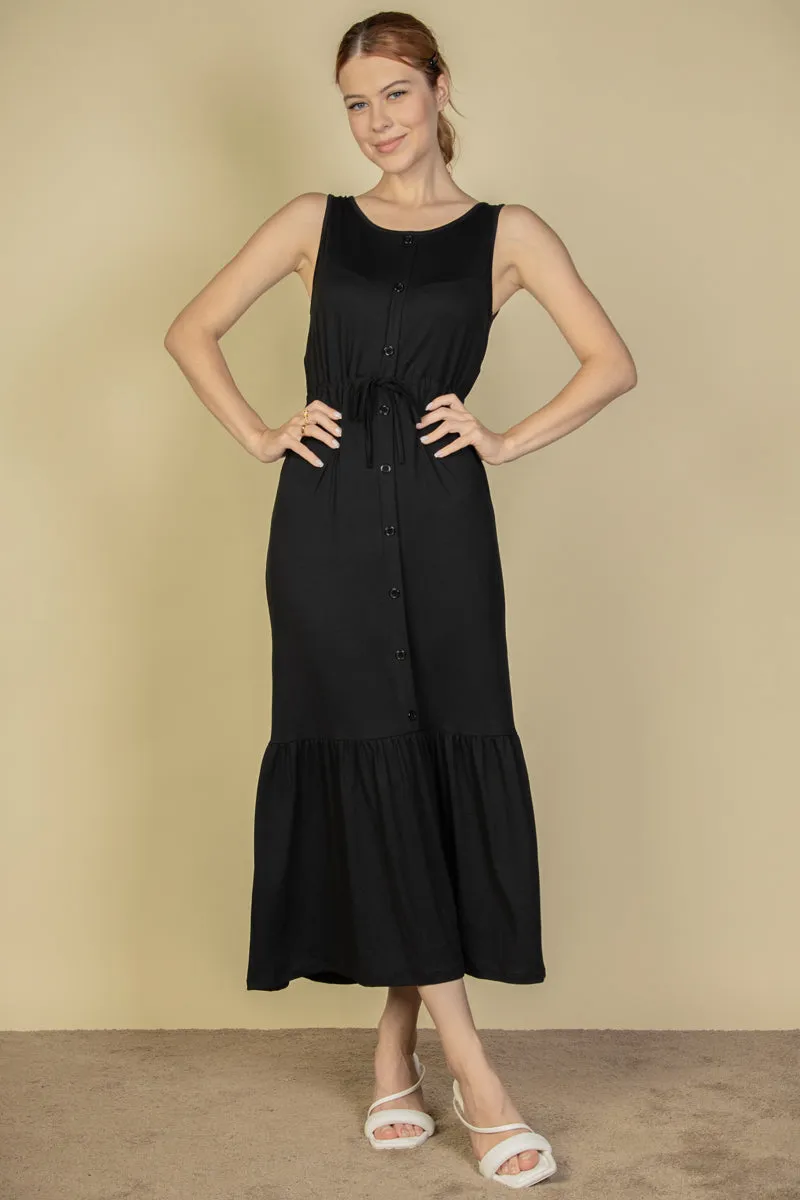 Button Front Tie Waist Sleeveless Maxi Dress