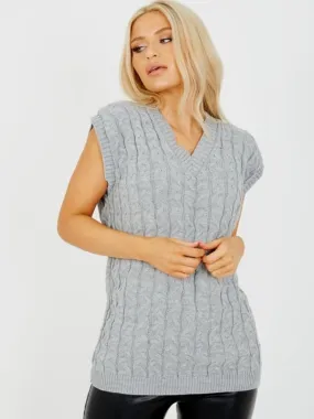 Cable Knit V-Neck Sleeveless Jumper in Grey