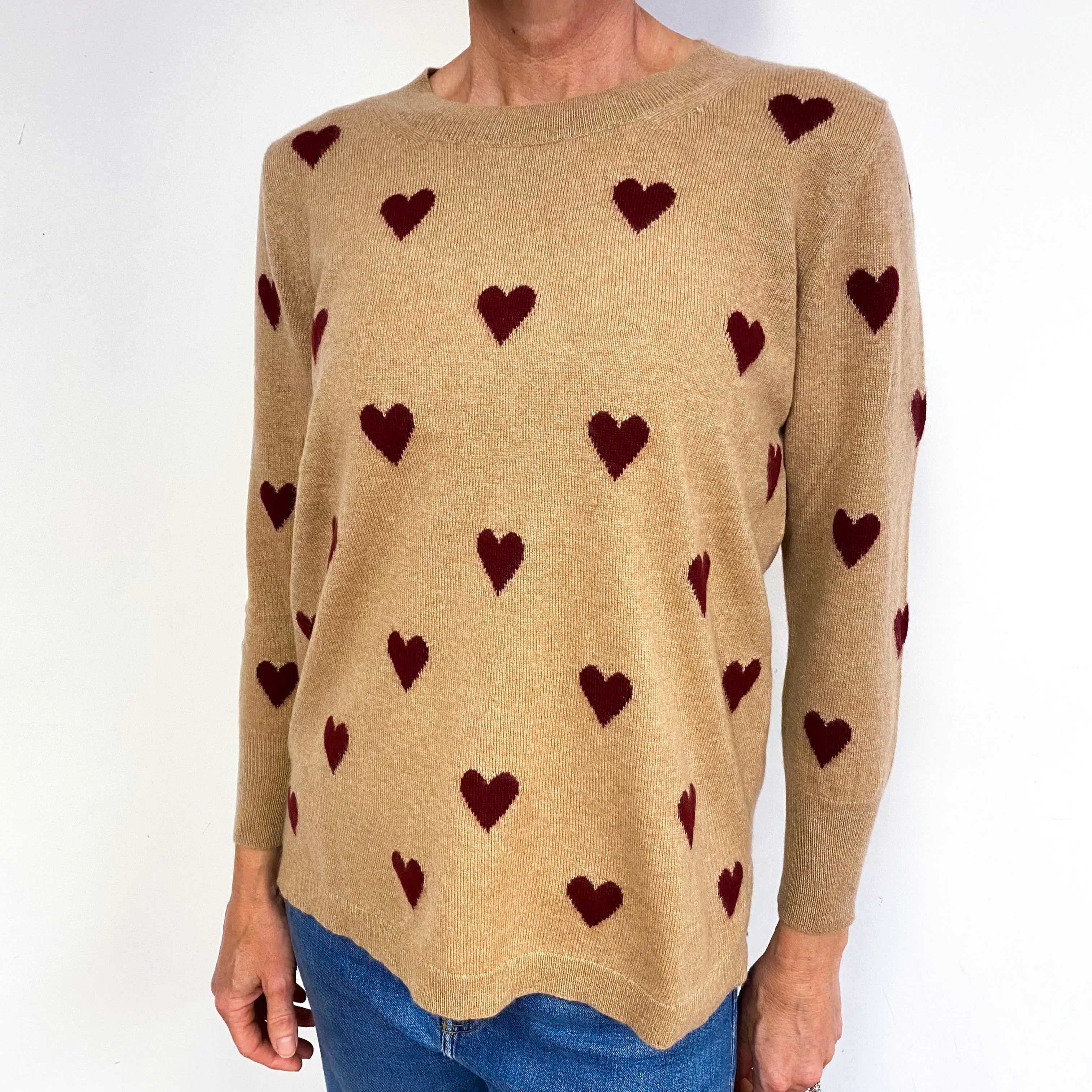 Caramel Burgundy Heart Cashmere Crew Neck Jumper Medium