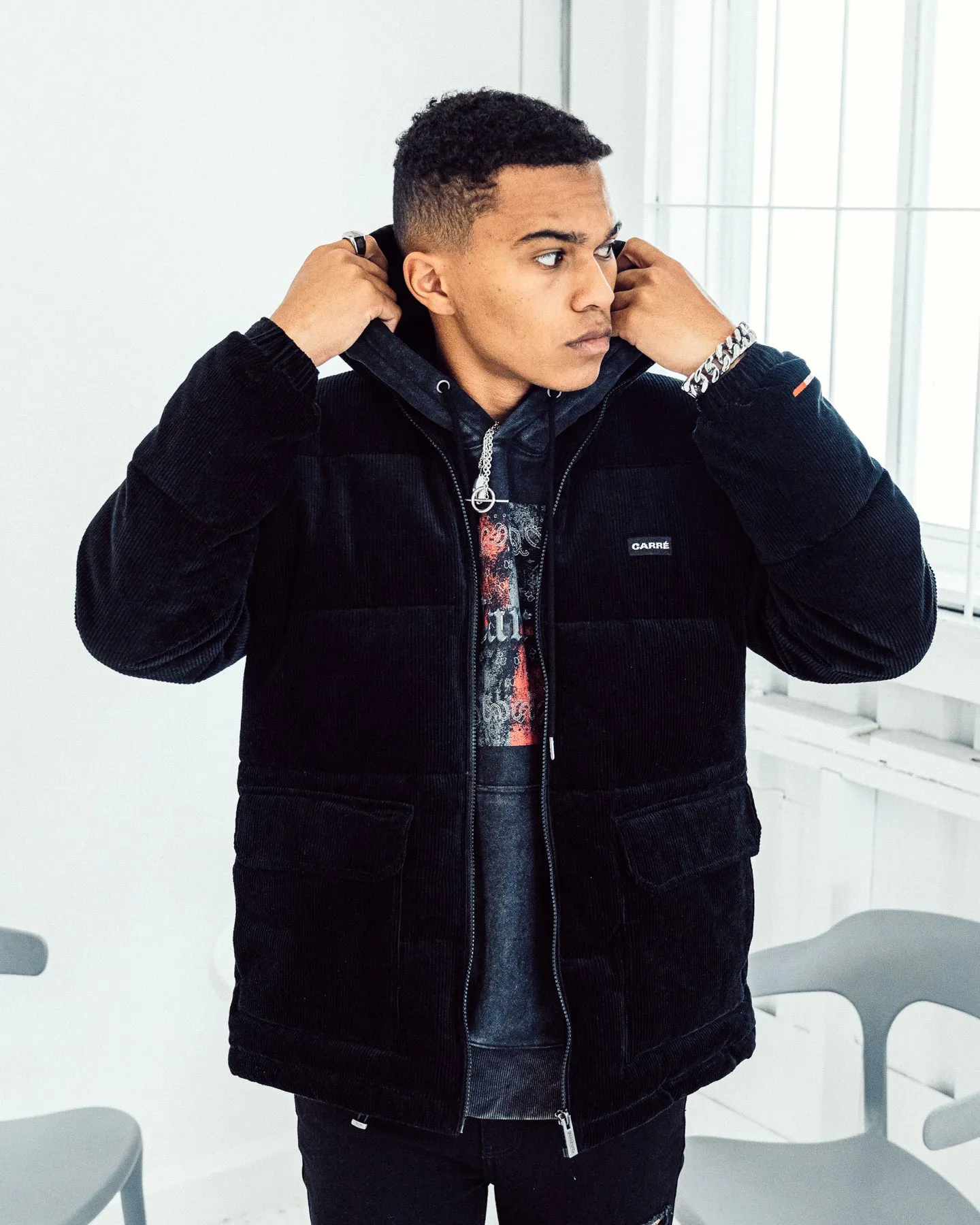 Carré College Cord Puffer Jacket Black