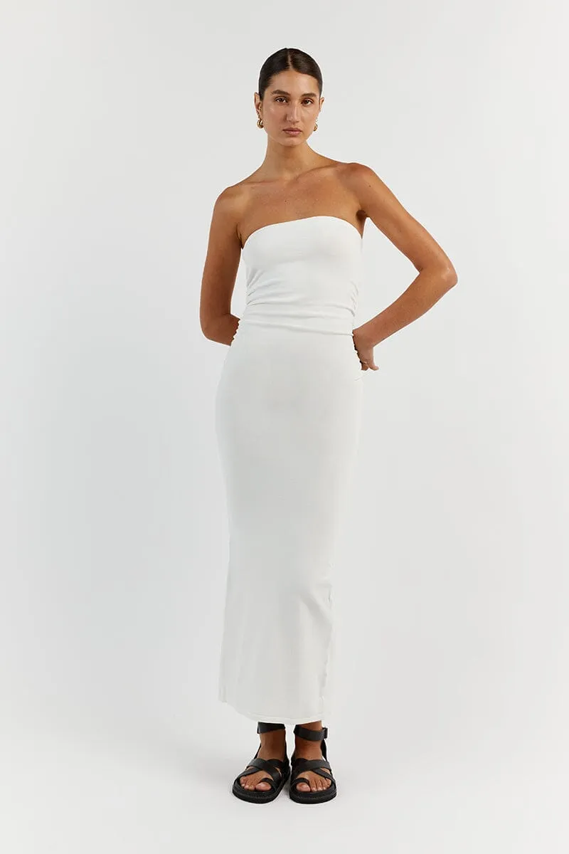 CARRIE OFF WHITE RUCHED MIDI DRESS