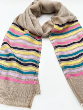 Cashmere Scarf - BEIGE WITH RAINBOW STRIPES