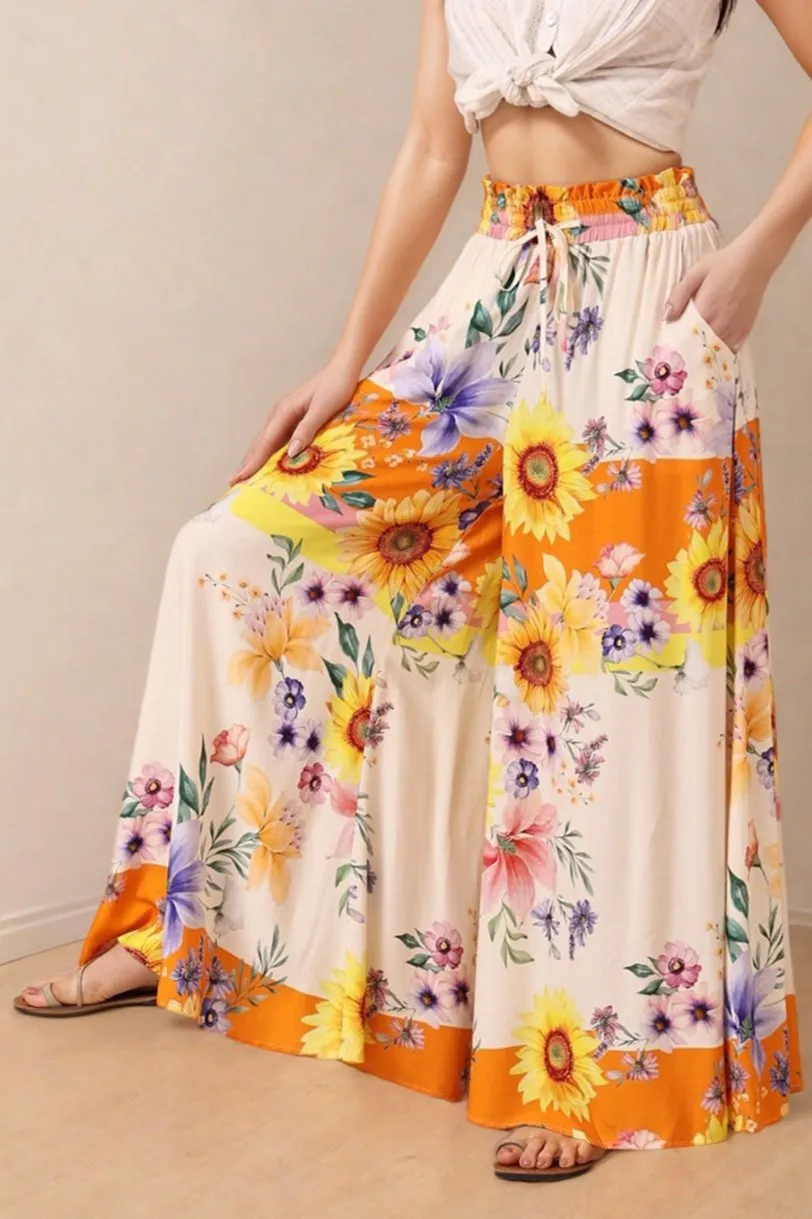 Charli Pants -  Paper Bag High Waisted Wide Leg Pants in Tansy Print