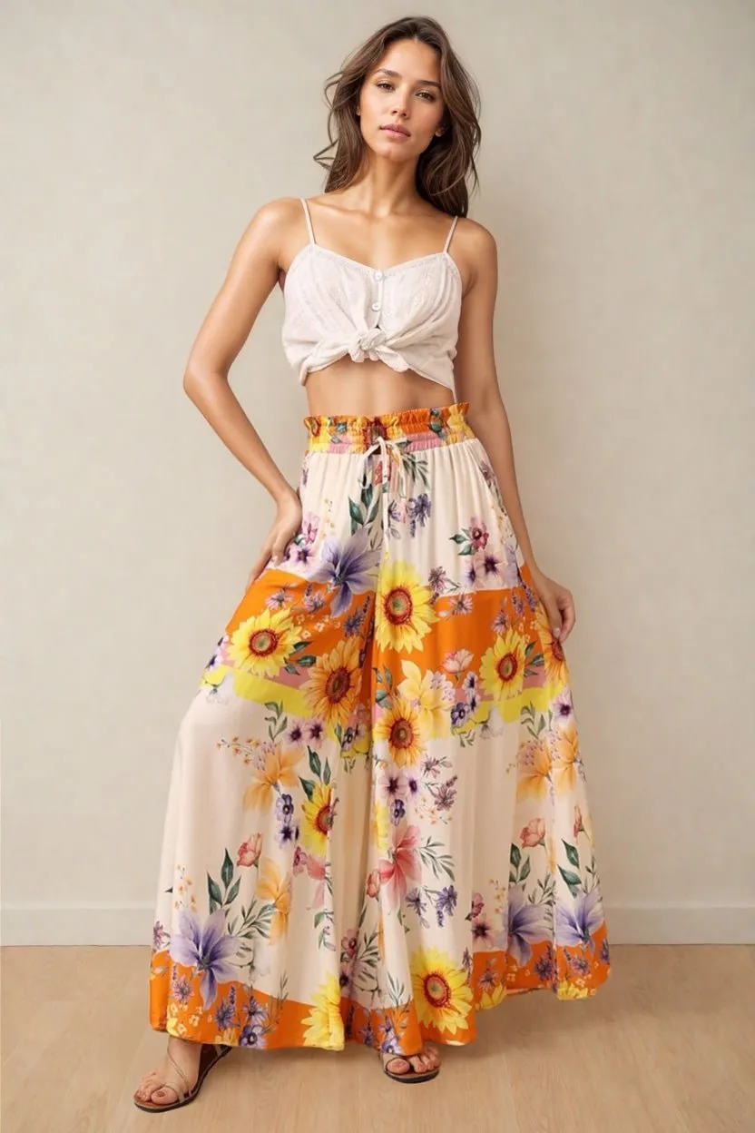 Charli Pants -  Paper Bag High Waisted Wide Leg Pants in Tansy Print