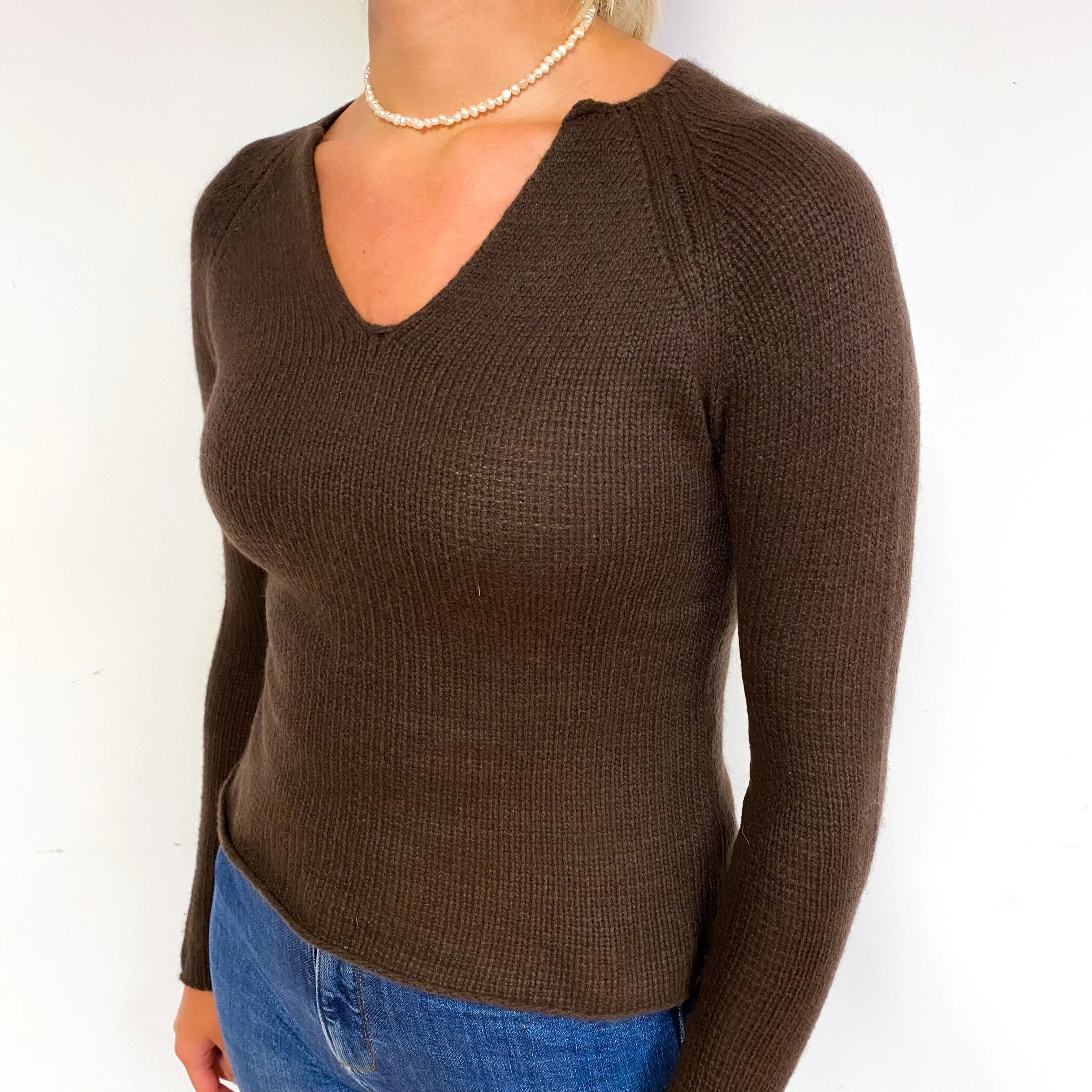 Chocolate Brown Ribbed Cashmere Notch Neck Jumper Small