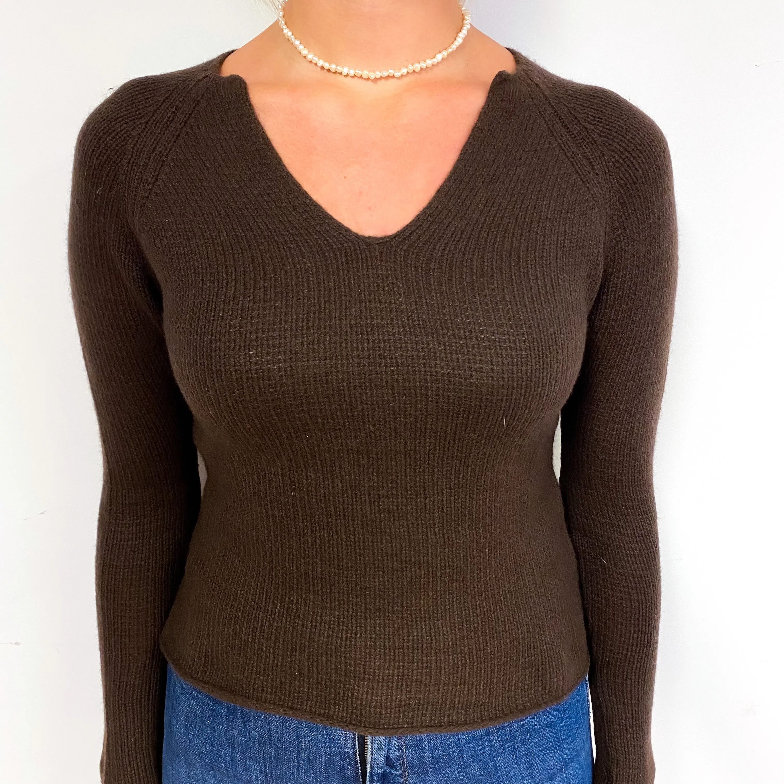 Chocolate Brown Ribbed Cashmere Notch Neck Jumper Small