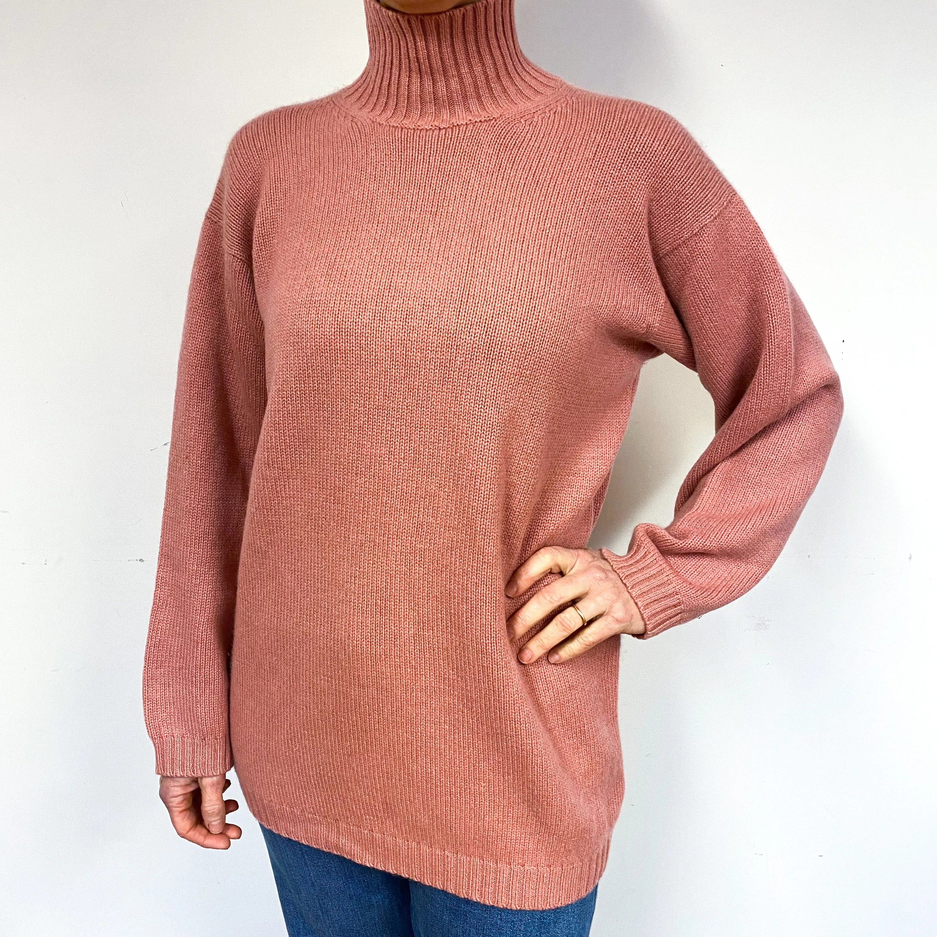 Chunky Blush Pink Cashmere Polo Neck Jumper Medium