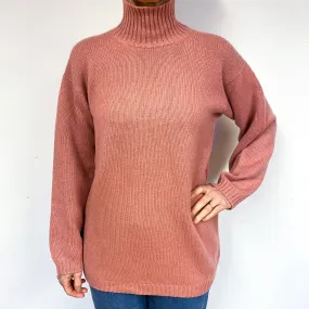 Chunky Blush Pink Cashmere Polo Neck Jumper Medium