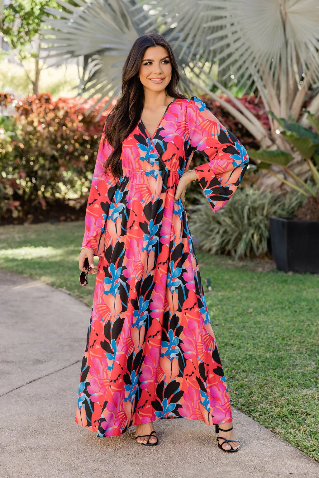 Dance The Night Away Long Sleeve Tropical Black Maxi Dress FINAL SALE