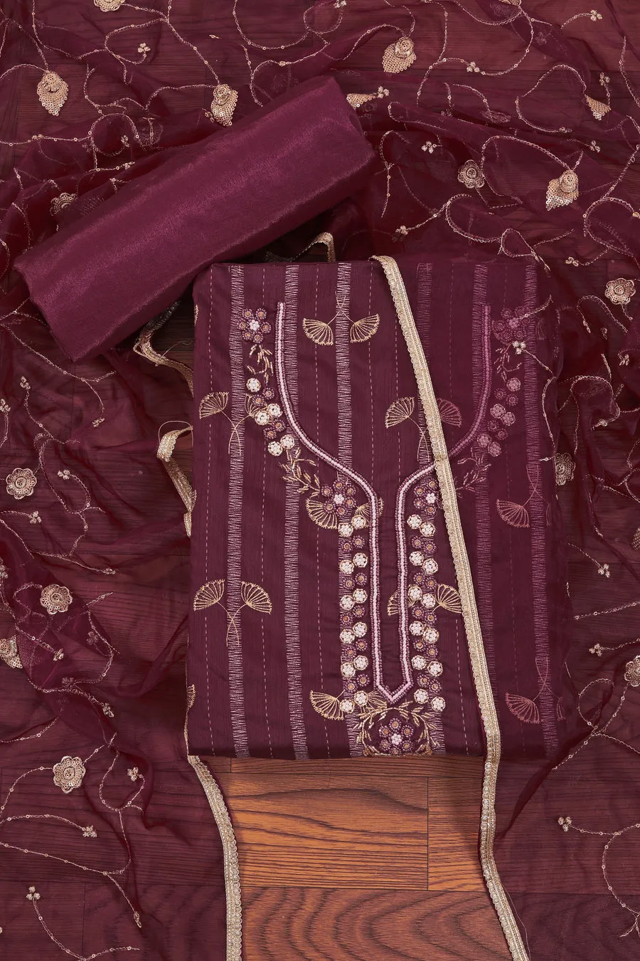 Dark Wine Embellished Organza Dress Material With Dupatta