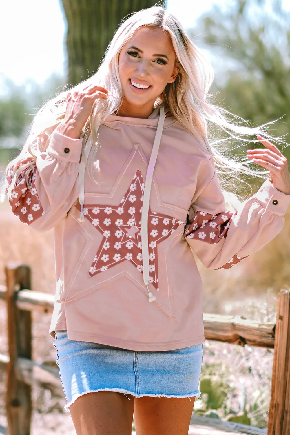 Delicacy Floral Patchwork Star Pattern Drawstring Hoodie