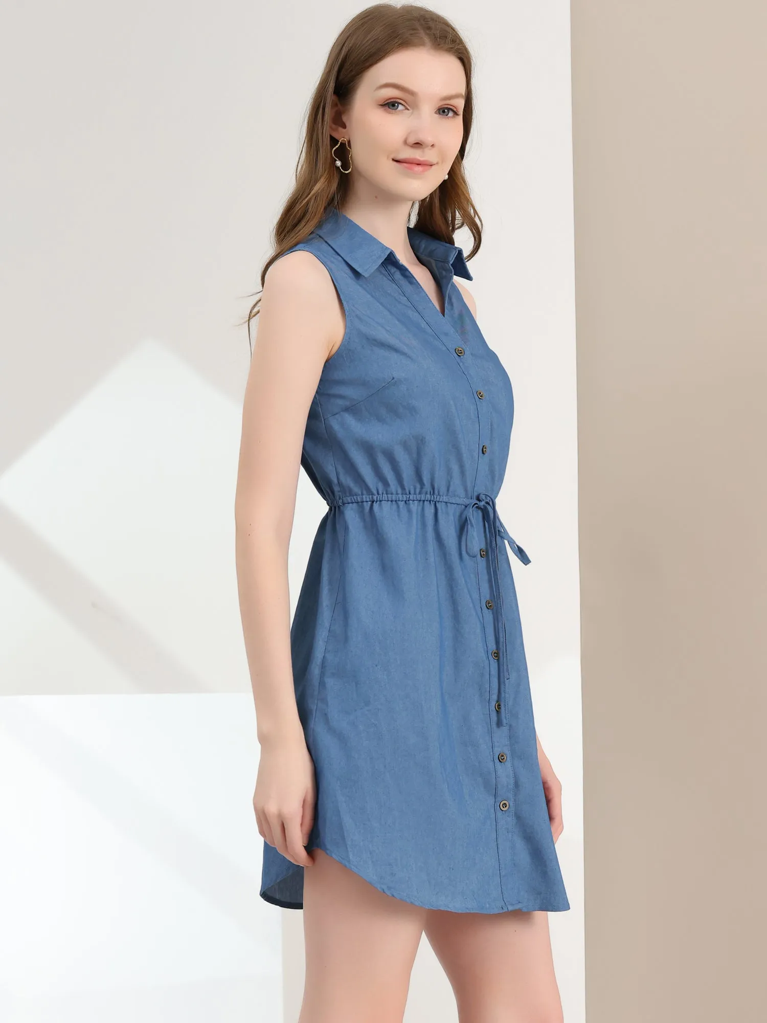 Denim Collar Button Down Tie Waist Jean Shirt Dress