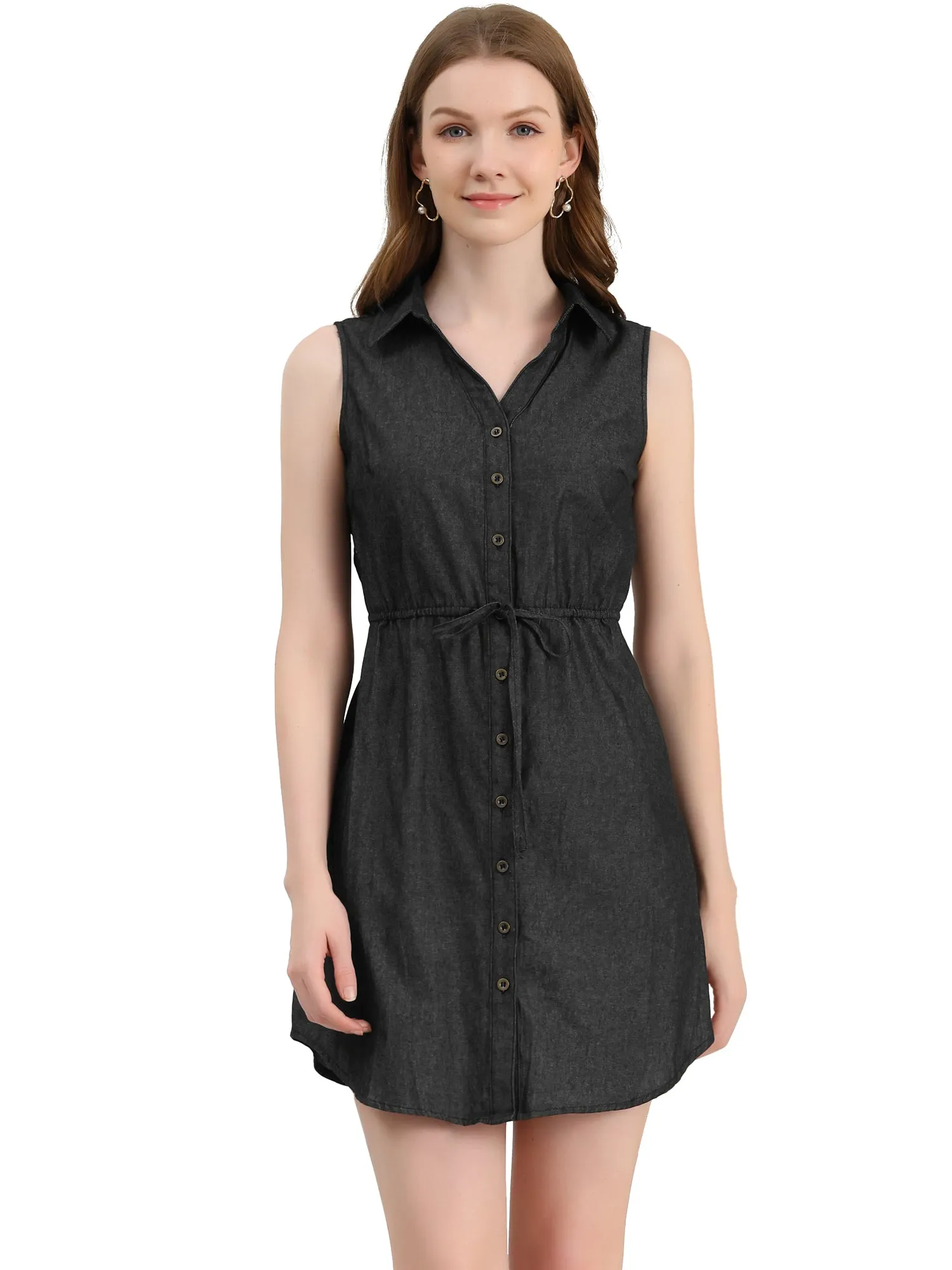 Denim Collar Button Down Tie Waist Jean Shirt Dress