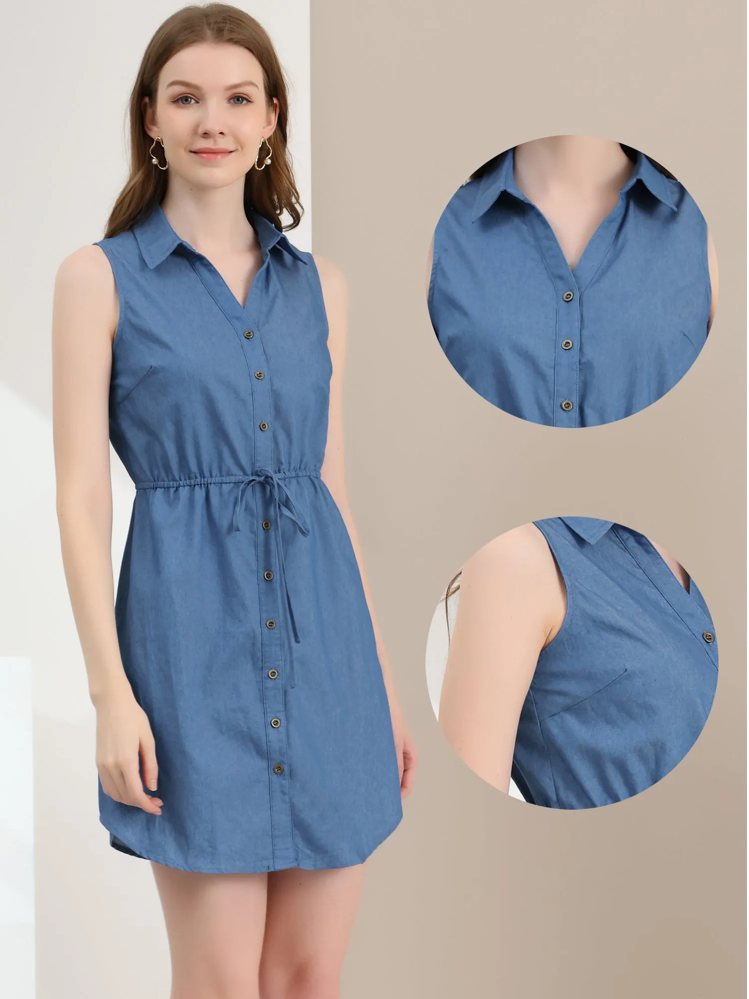 Denim Collar Button Down Tie Waist Jean Shirt Dress