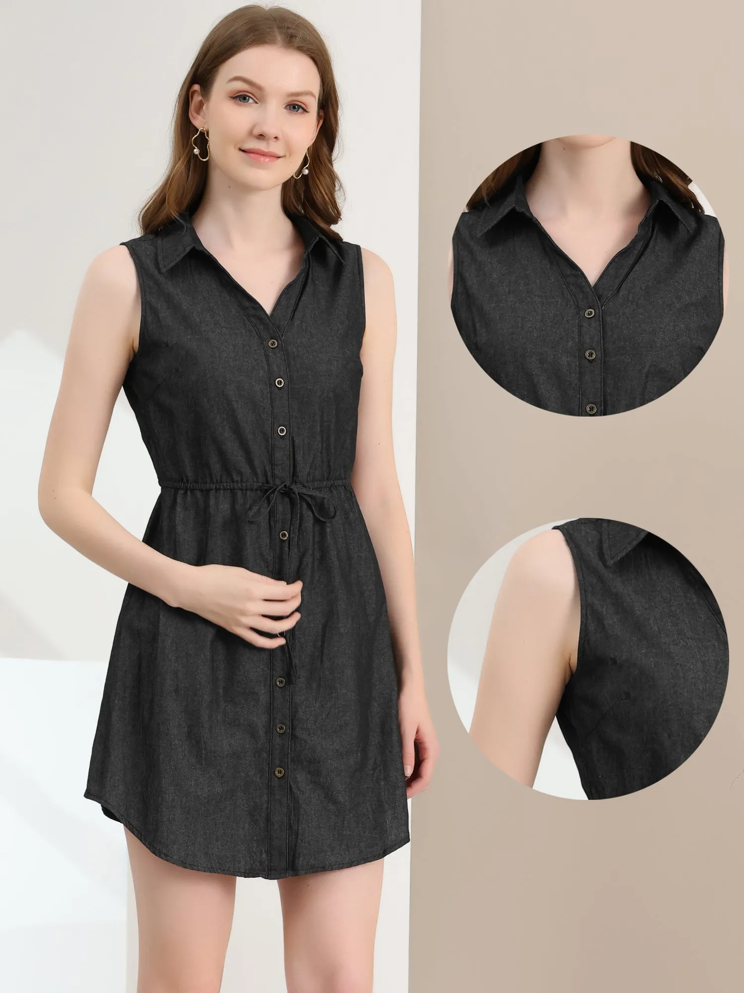 Denim Collar Button Down Tie Waist Jean Shirt Dress