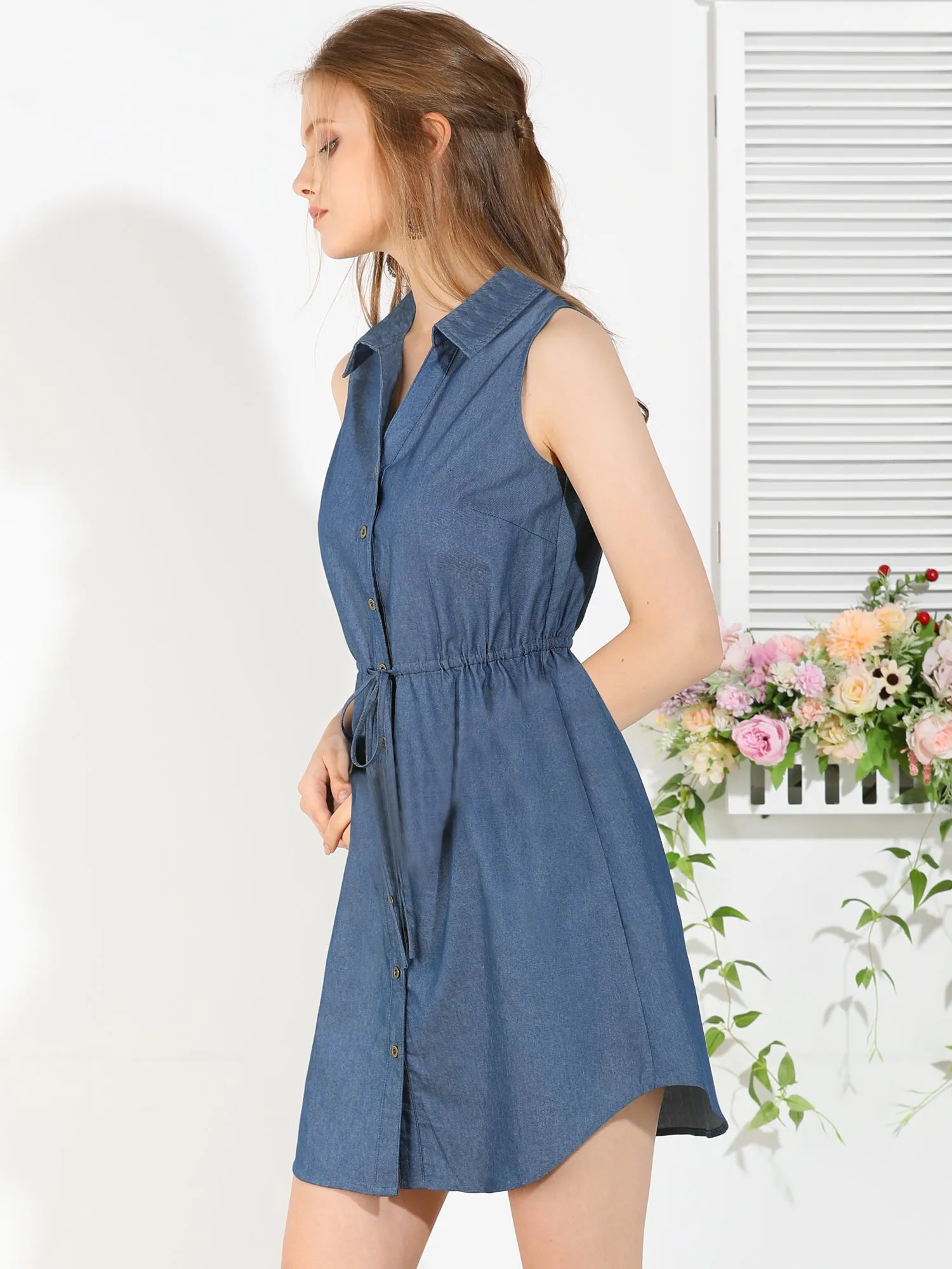 Denim Collar Button Down Tie Waist Jean Shirt Dress