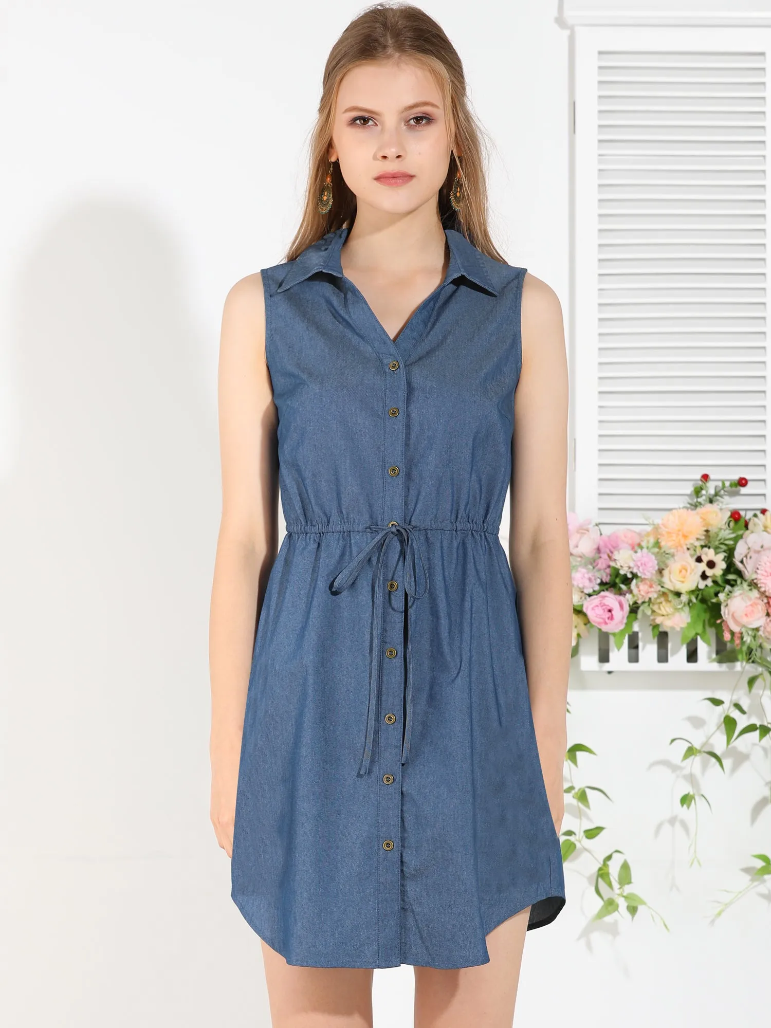 Denim Collar Button Down Tie Waist Jean Shirt Dress