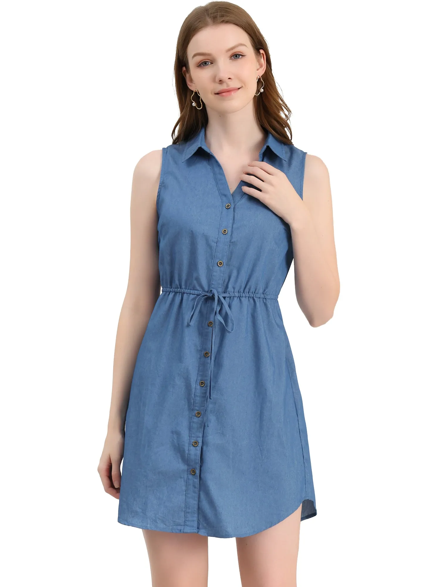 Denim Collar Button Down Tie Waist Jean Shirt Dress