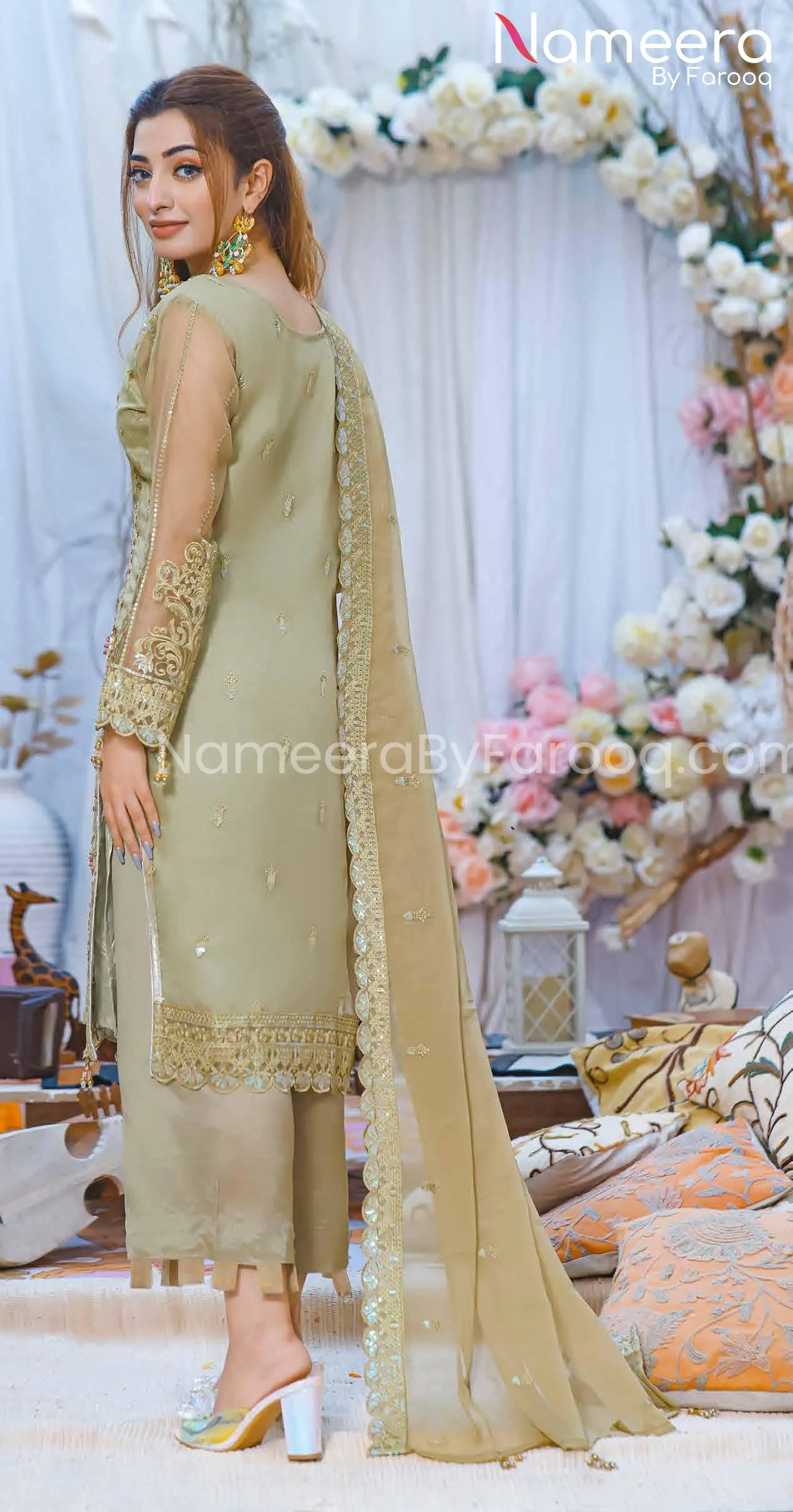 Designer Salwar Kameez in Greenish Gold Color #PF242