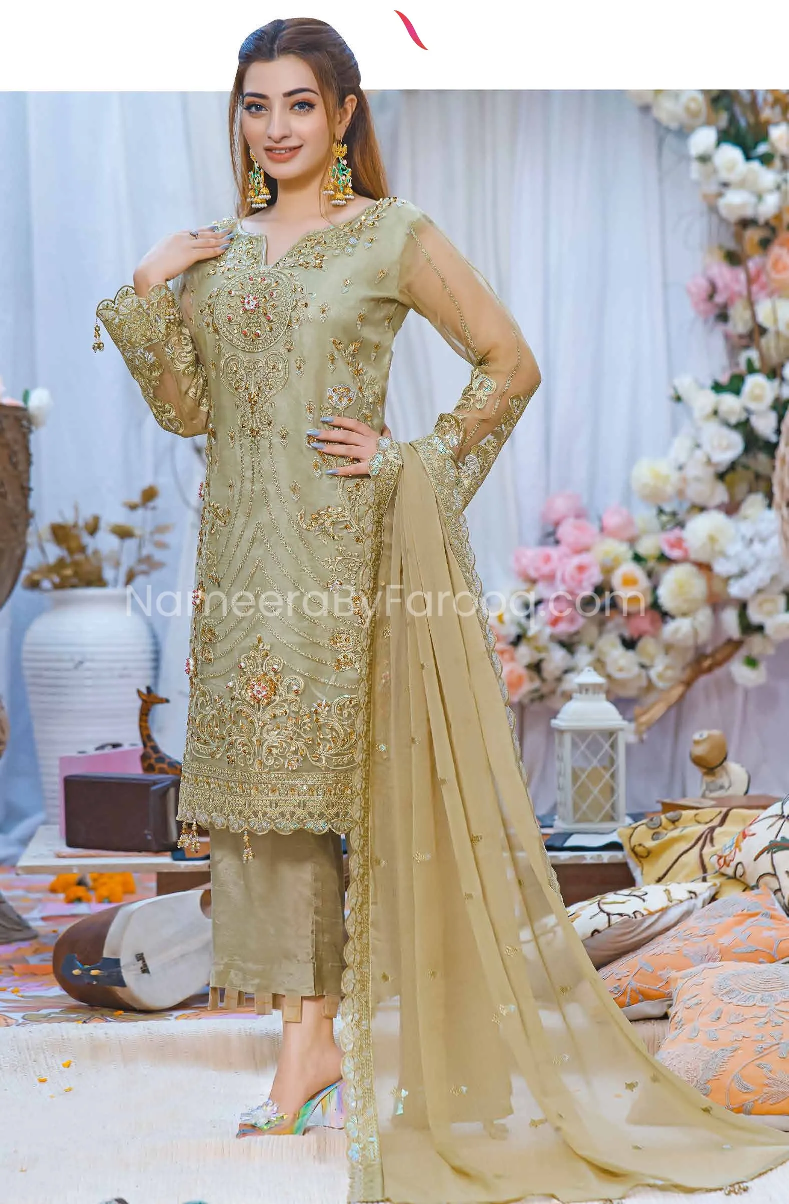 Designer Salwar Kameez in Greenish Gold Color #PF242