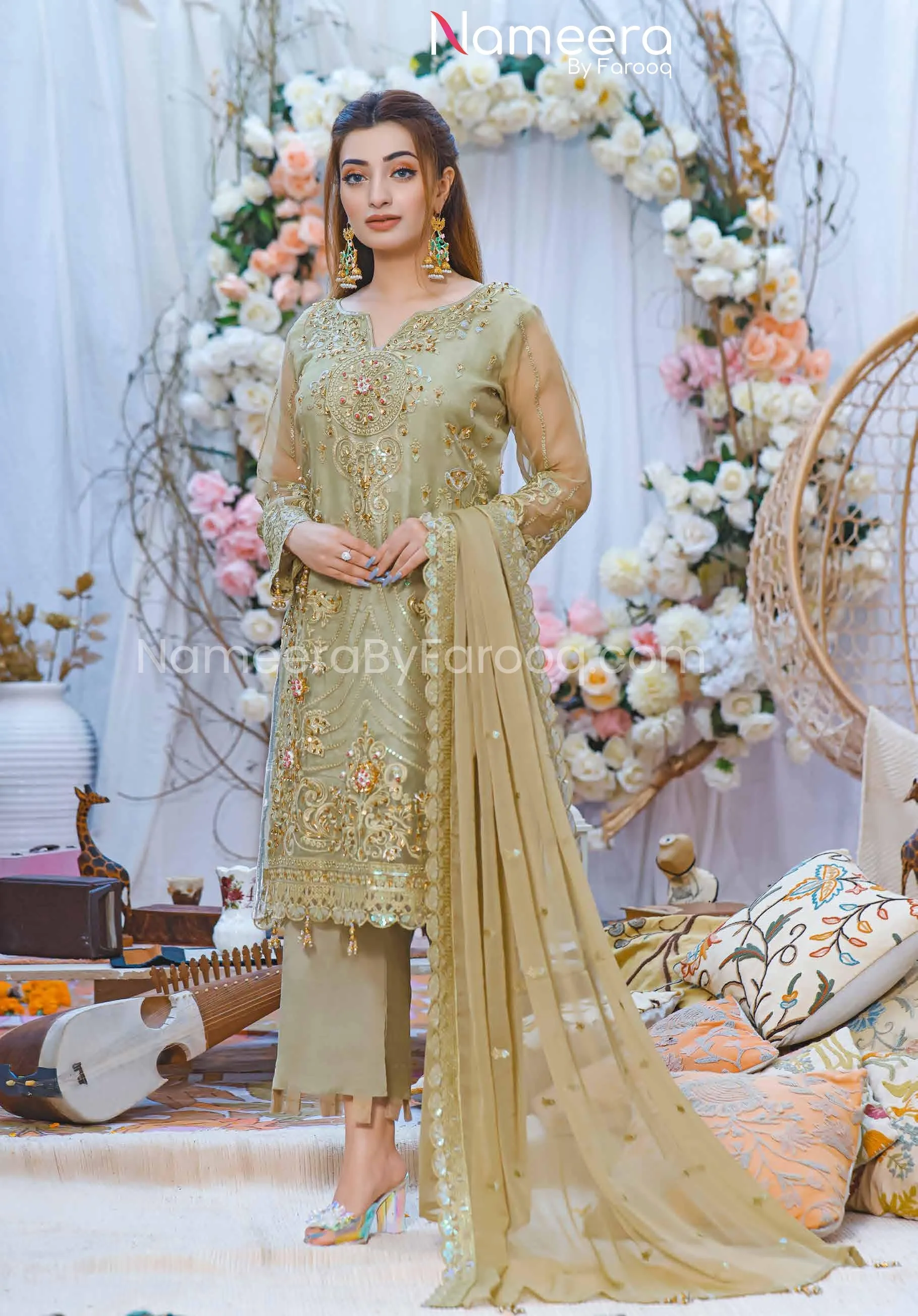 Designer Salwar Kameez in Greenish Gold Color #PF242