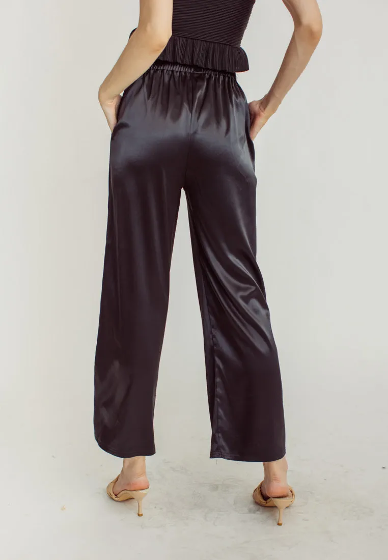 Dimitri Black Silk Elastic Waist Wide Leg Culottes