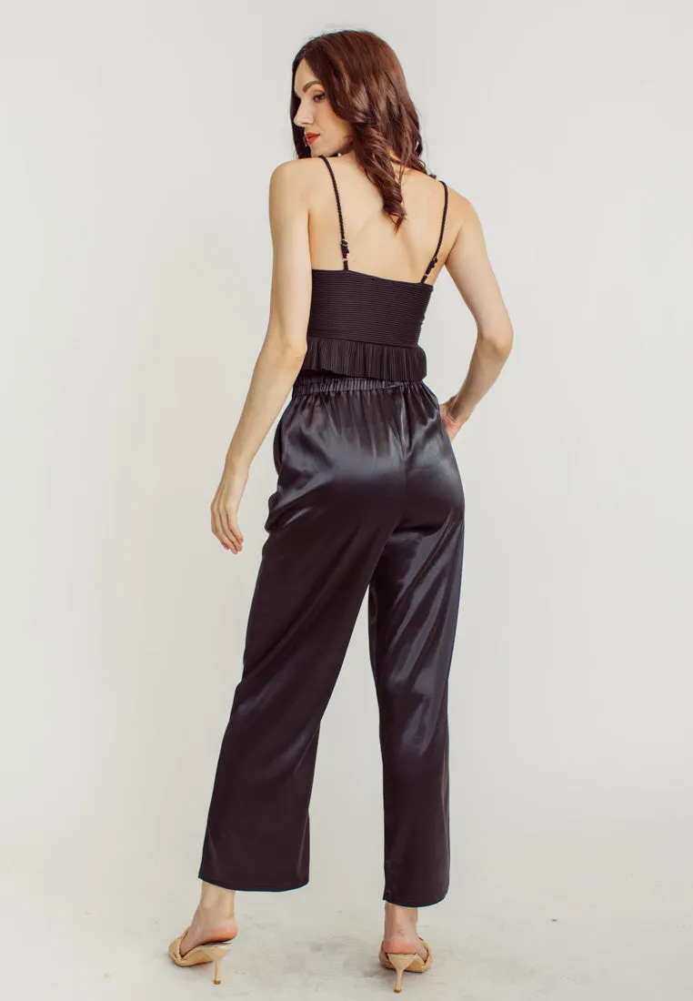 Dimitri Black Silk Elastic Waist Wide Leg Culottes