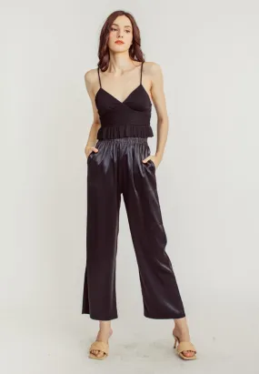 Dimitri Black Silk Elastic Waist Wide Leg Culottes