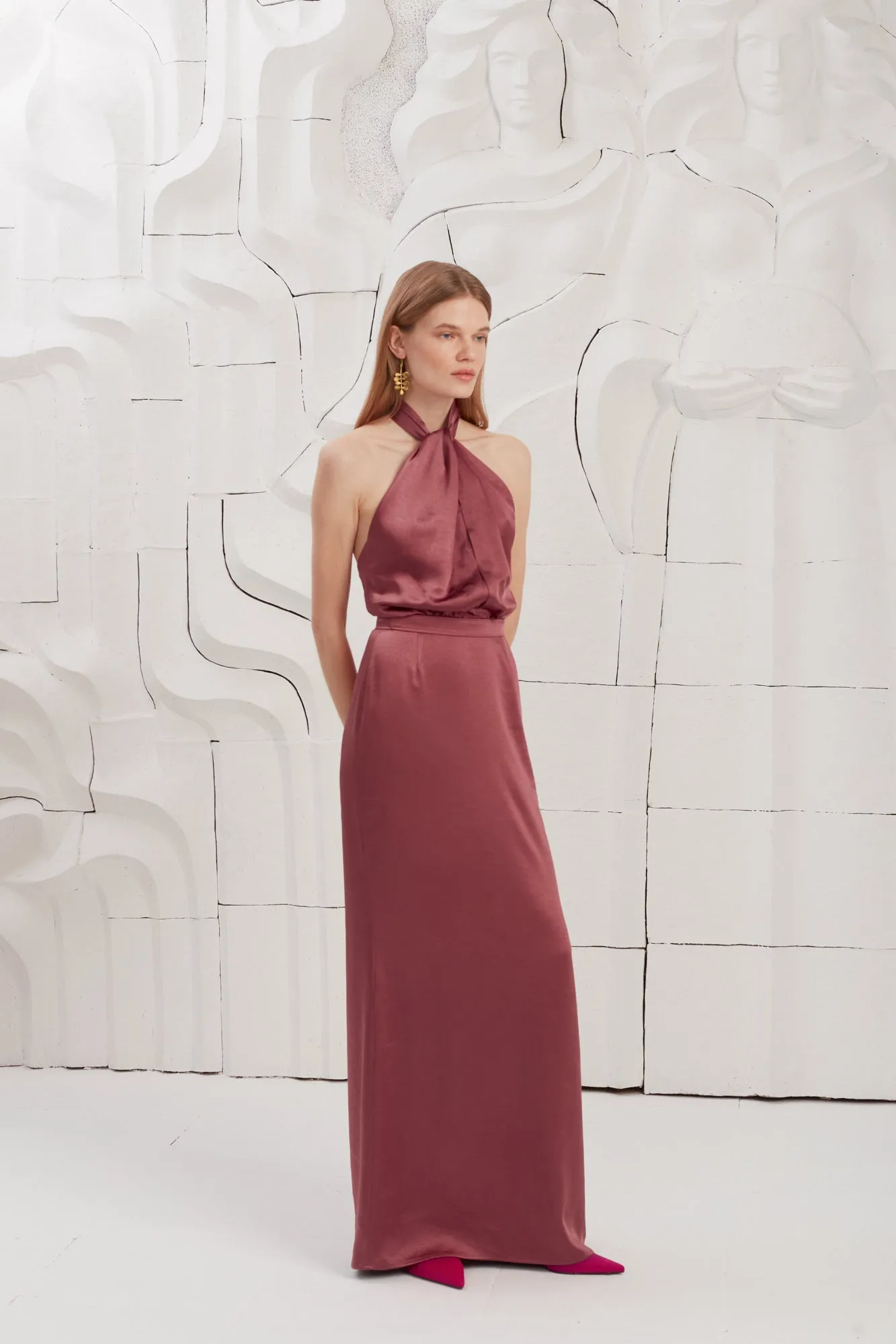 ELONA fire brick satin maxi evening gown