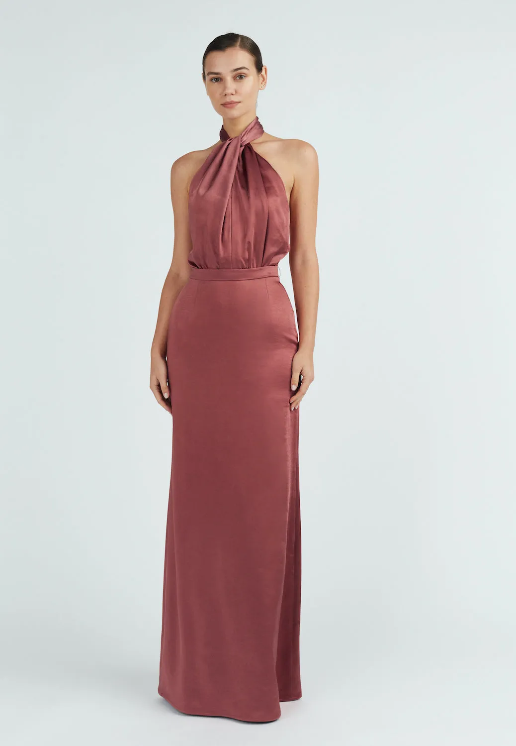 ELONA fire brick satin maxi evening gown