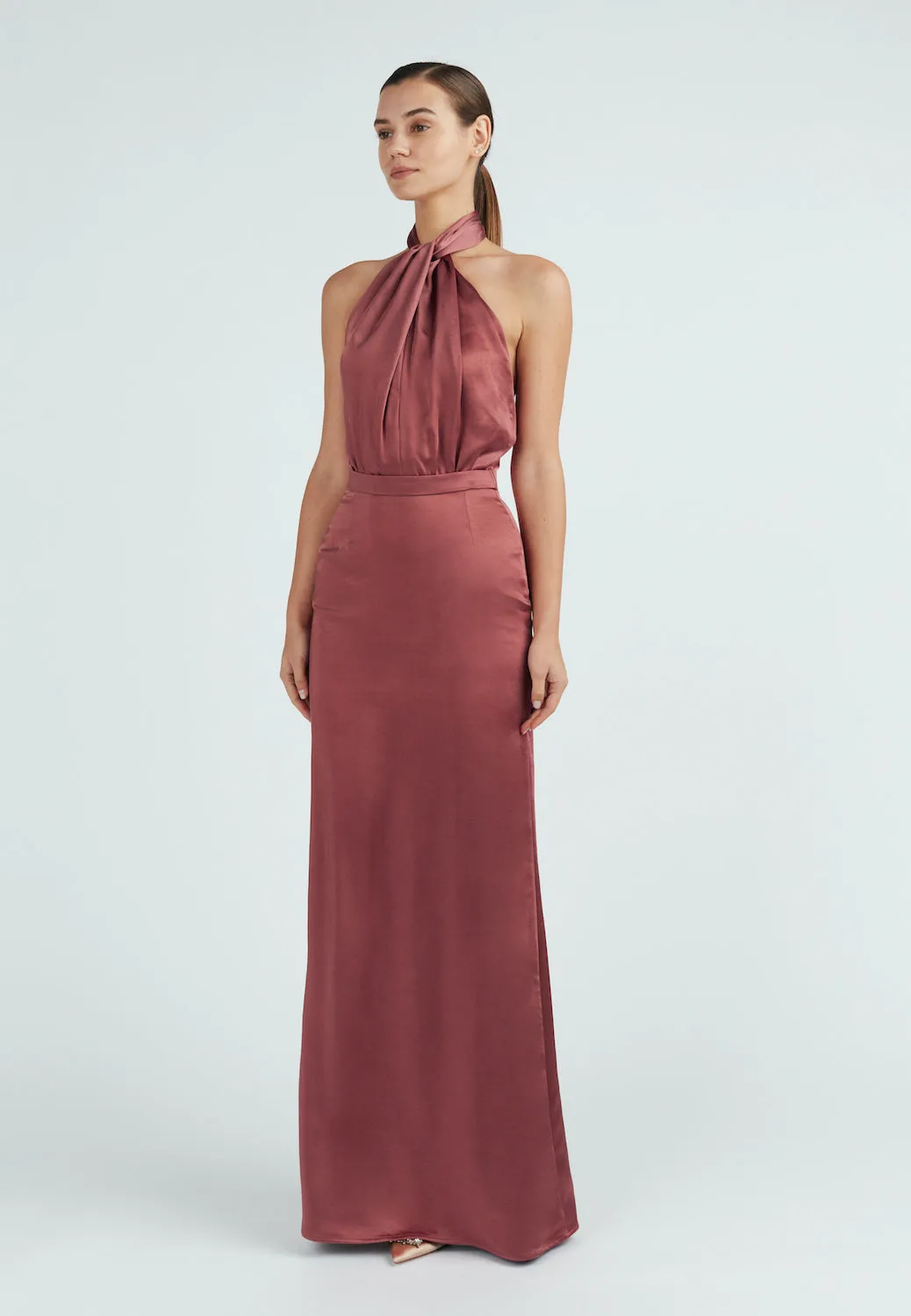 ELONA fire brick satin maxi evening gown