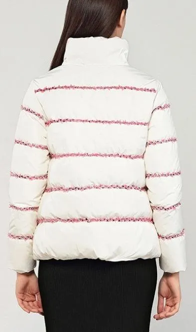 Embroidered-Trim Puffer Jacket, White