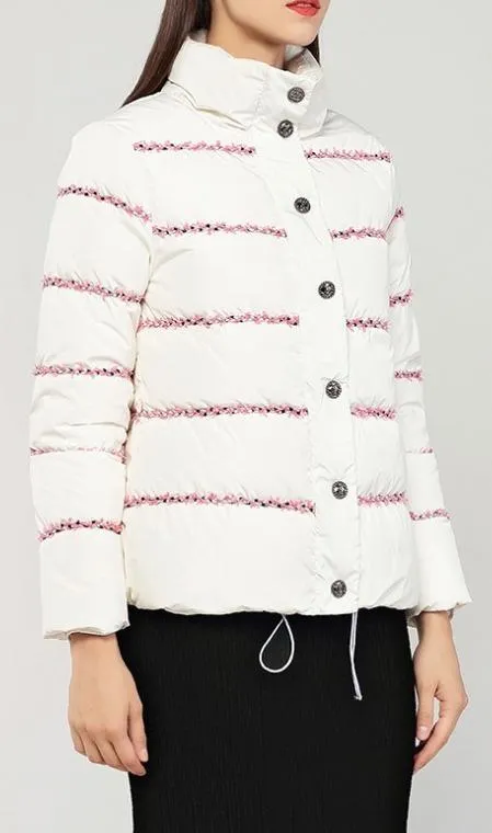 Embroidered-Trim Puffer Jacket, White