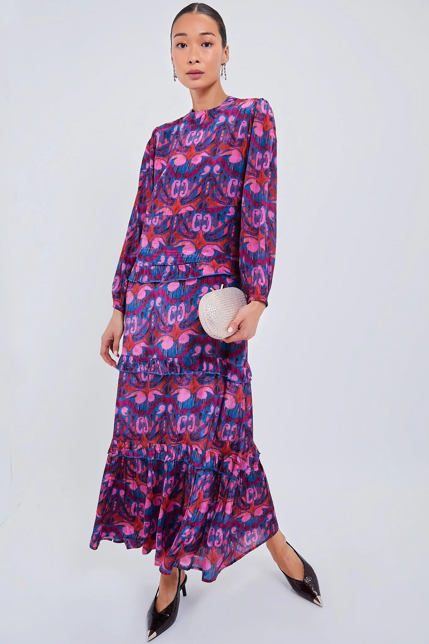 Exclusive Blue Kazak Mock Neck Maxi Dress