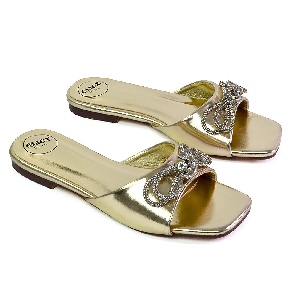 Farah Diamante Bow Square Toe Slip on Flat Summer Sandal Sliders in Gold